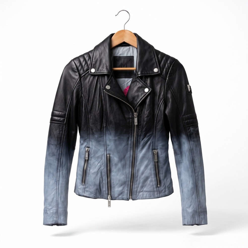 Mauritius Ombre Leather Moto Black Grey Dip Dye Lambskin Biker Jacket Womens XS